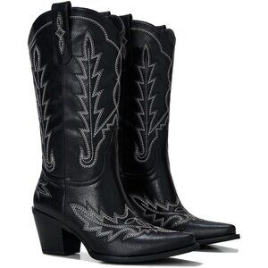 ⚡Women Black Faux Leather Wood Grain Embroidered Chunky Heel  Cowgirl Boots